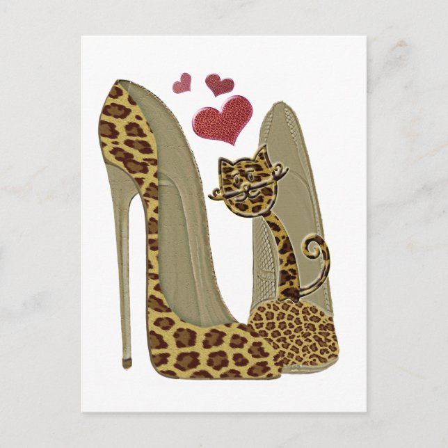 Carte Postale Leopard Stiletto Chaussures et Cat Art (Devant)