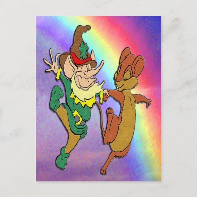 Carte Postale Leprechaun et la danse de la souris avec arc en ci (Devant)