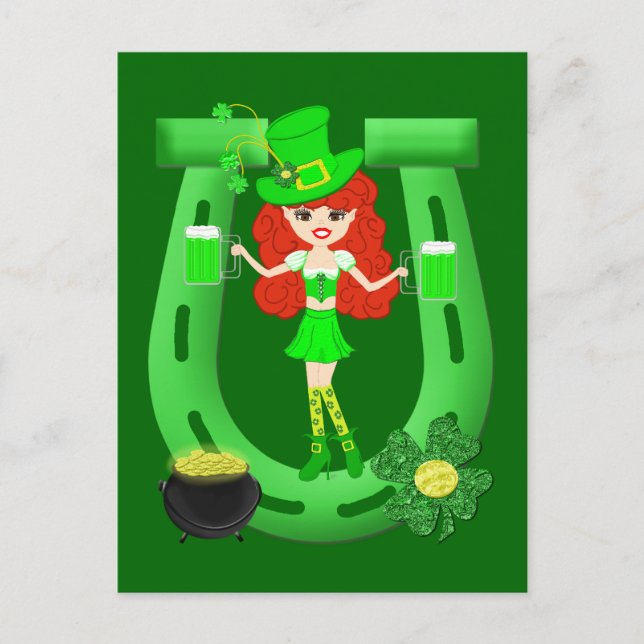 Carte Postale Leprechaun fille à tête rouge de St Pat's Day (Devant)