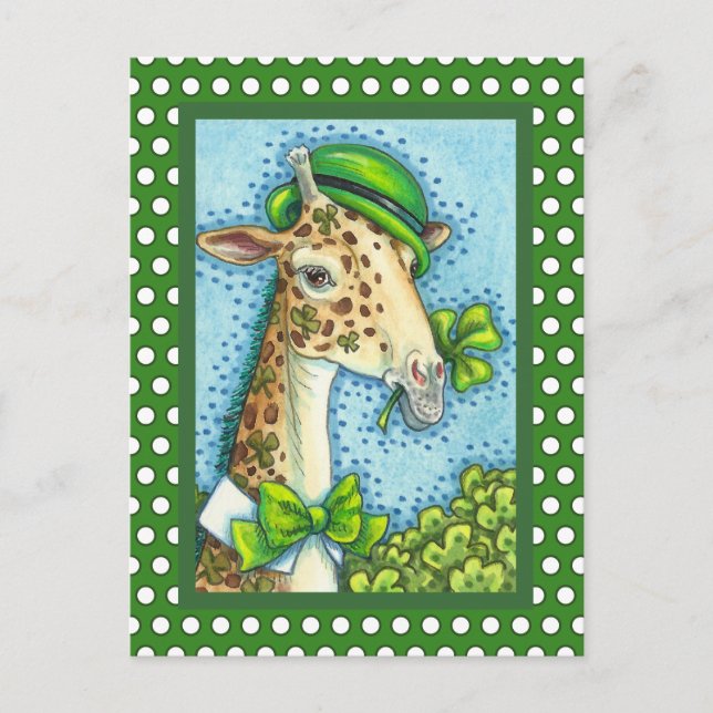 CARTE POSTALE LEPRECHAUN GIRAFFE, COLORÉ ST. JOUR DE PATRICK (Devant)