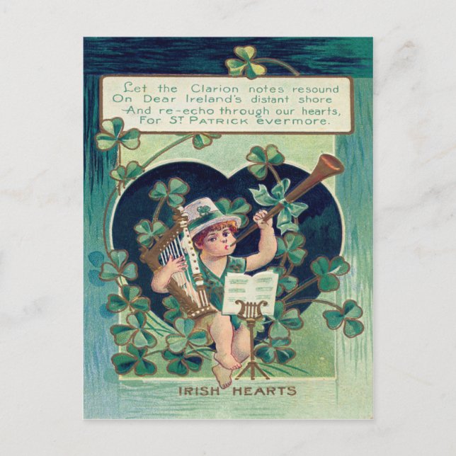 Carte Postale Leprechaun Harp Shamrock Horn (Devant)