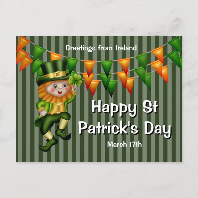 Carte Postale Leprechaun jig chanceux shamrock vert orange lapin (Devant)