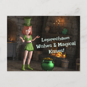 Carte Postale Leprechaun Toon Girl à côté du pot d'or