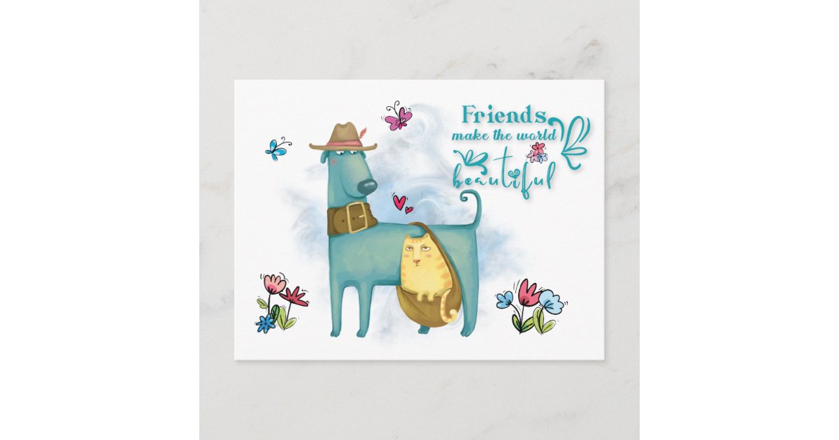 Carte Postale Les Amis Font Du Monde Un Beau Chat Blanc De Chien Zazzle Fr