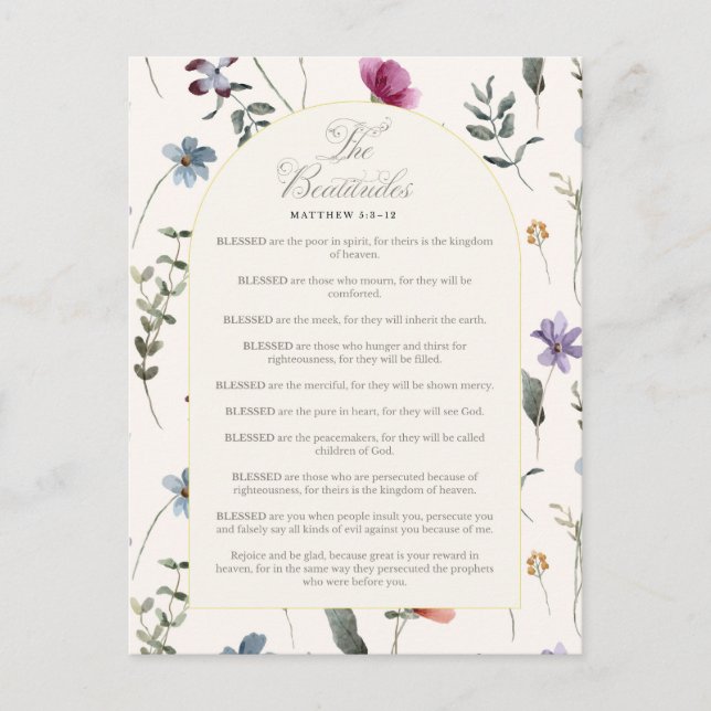 Carte Postale Les Béatitudes Matthieu 5:3–12 Écriture florale (Devant)