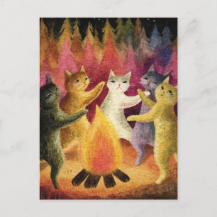 Carte Postale Les chats dansent autour du feu de joie