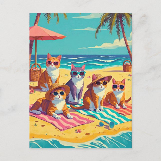 Carte Postale Les chats se prélassent sur la plage (Devant)