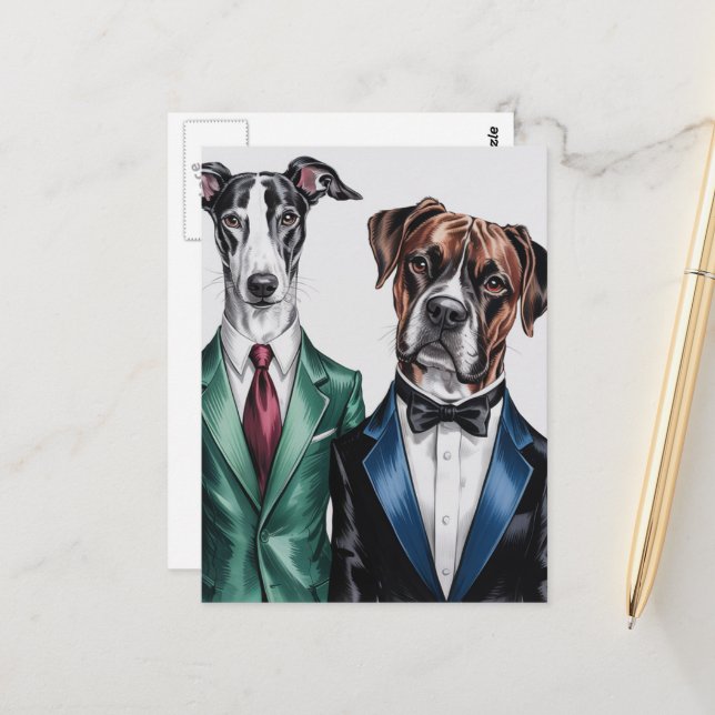 Carte Postale Les chiens en costumes de ville (Devant/Arrière en situation)