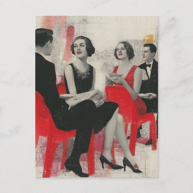 Carte Postale Les couples rétro assis sur des chaises rouges (Devant)