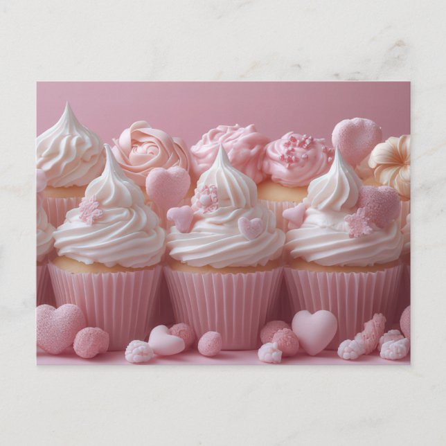 Carte Postale Les cupcakes roses et les coeurs Saint-Valentin (Devant)