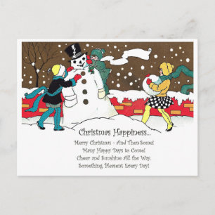 Carte Postale Les enfants font un bonhomme de neige avec une cha