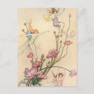 Carte Postale Les fées sautillent sur les fleurs