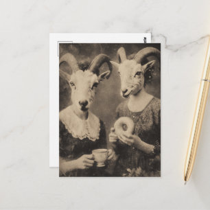 Carte Postale Les femmes chèvres Thé et Bagel Rétro Noir et Blan