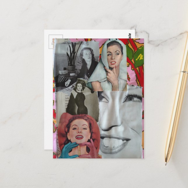 Carte Postale Les femmes rétro en collage (Devant/Arrière en situation)