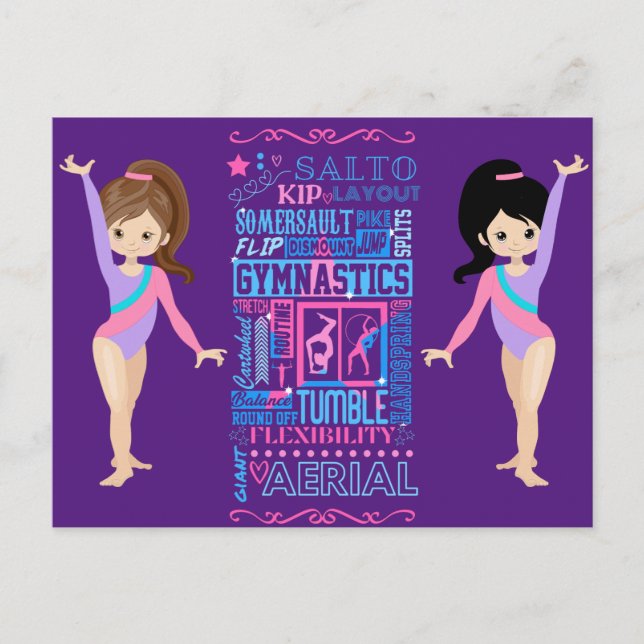 Carte Postale Les filles gymnastiques compétences Mots de la gym (Devant)