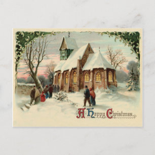 Carte Postale Les gens vont à l'église du village à Noël