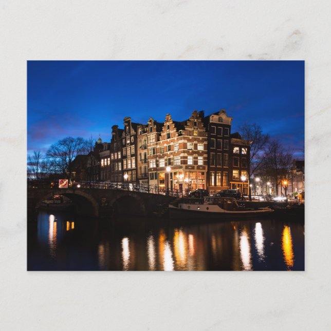 Carte Postale Les maisons du canal d'Amsterdam la nuit (Devant)