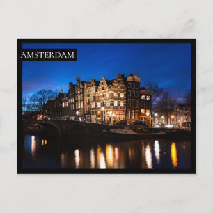 Carte Postale Les maisons du canal d'Amsterdam la nuit