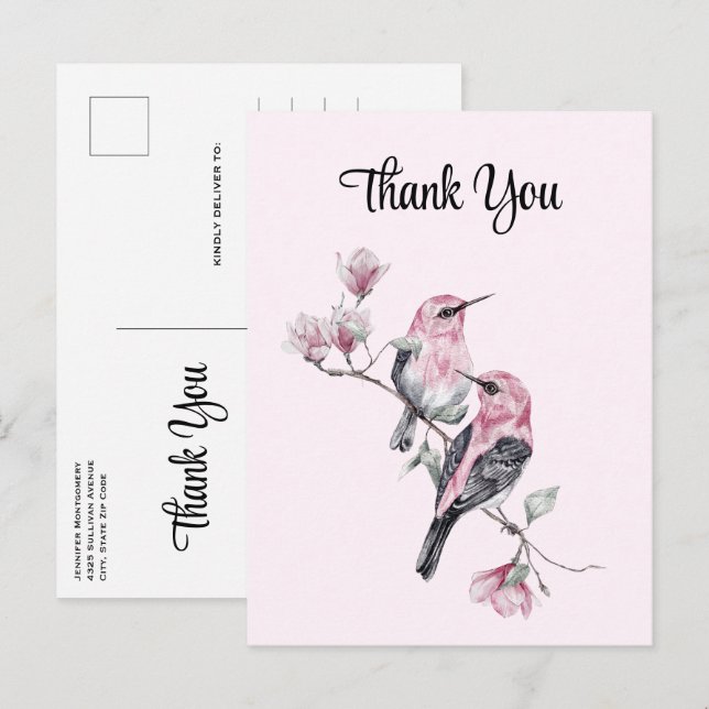 Carte Postale Les oiseaux chanteurs roses sur un Merci de branch (Devant / Derrière)