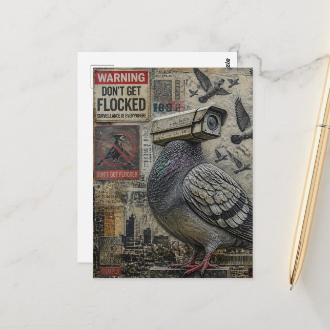Carte Postale Les pigeons espions avec des panneaux d'avertissem (Devant/Arrière en situation)