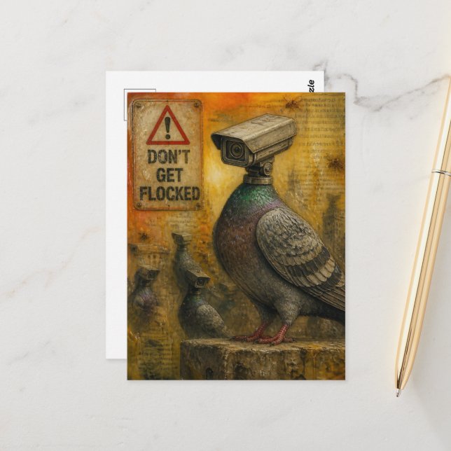Carte Postale Les pigeons espions avec des panneaux d'avertissem (Devant/Arrière en situation)