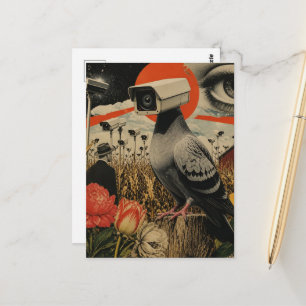 Carte Postale Les pigeons espions dans les champs Collage surréa