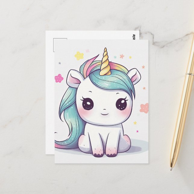 Carte Postale Les plus adorables Pastel Kawaii Unicorn (Devant/Arrière en situation)
