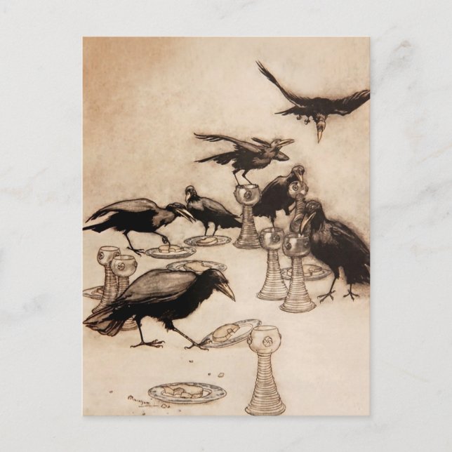 Carte Postale « Les Sept Corbeaux » Aquarelle d'Arthur Rackham (Devant)
