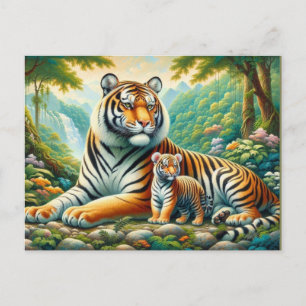 Carte Postale Les tigres dans une peinture luxuriante au paradis