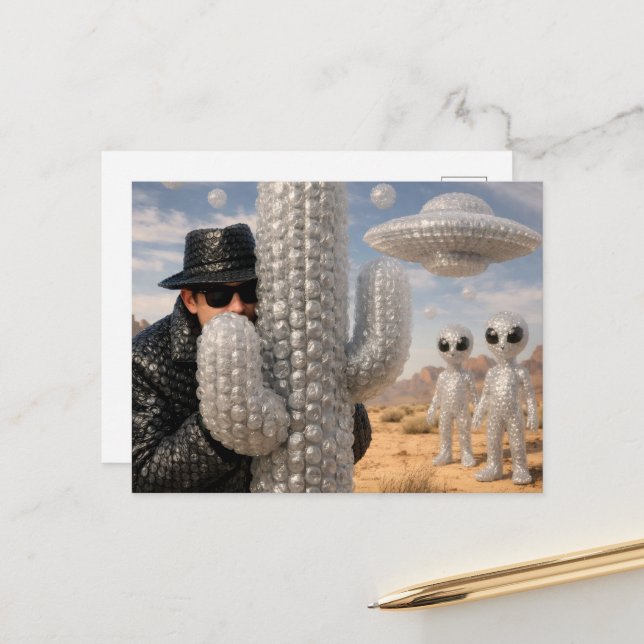 Carte Postale L'espion dans le désert avec les extraterrestres (Devant/Arrière en situation)