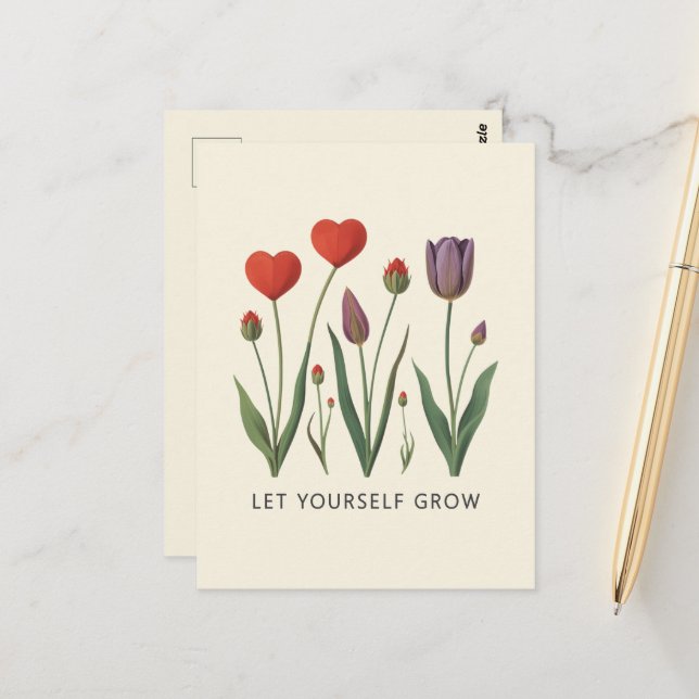 Carte Postale Let Yourself Grow Floral Heart Tulips Art (Devant/Arrière en situation)