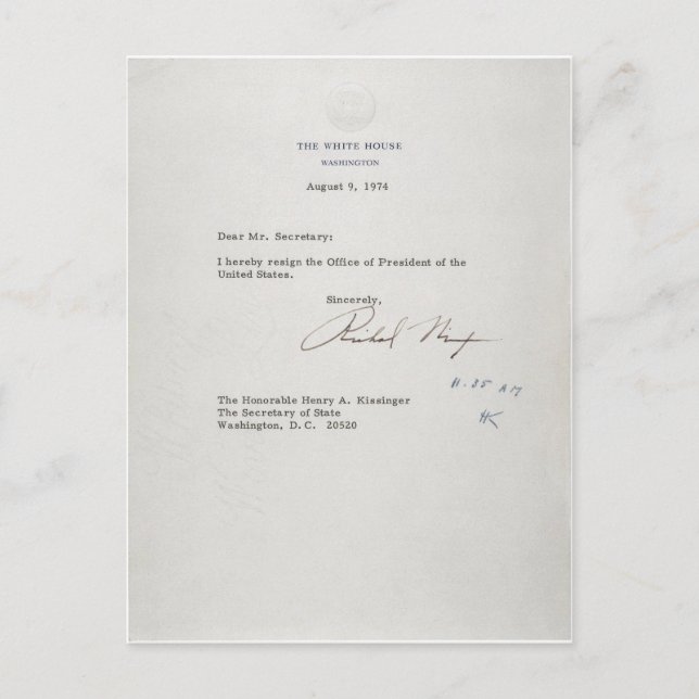 Carte Postale Lettre de démission du Président Richard M. Nixon (Devant)