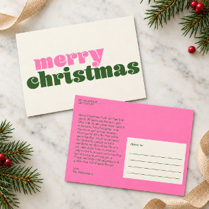 Carte Postale Lettre de famille joyeux Noël Rose Vert Rétro