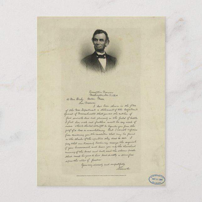 Carte Postale Lettre de guerre civile d'Abraham Lincoln à Mme Bi (Devant)