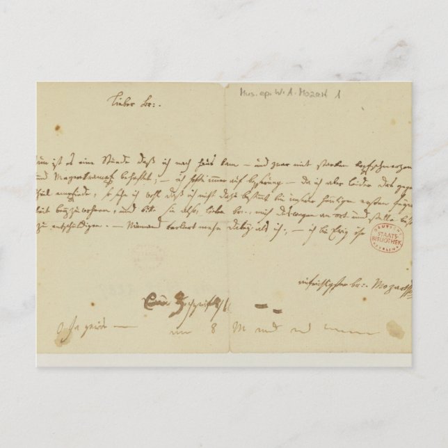 Carte Postale Lettre de Mozart à un franc-maçon, janvier 1786 (Devant)