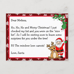 Carte Postale Lettre de Père Noël, Nice List, pour Enfants