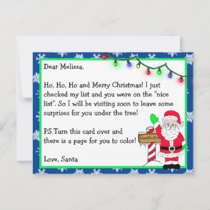 Carte Postale Lettre du Père Noël pour les enfants + page de col