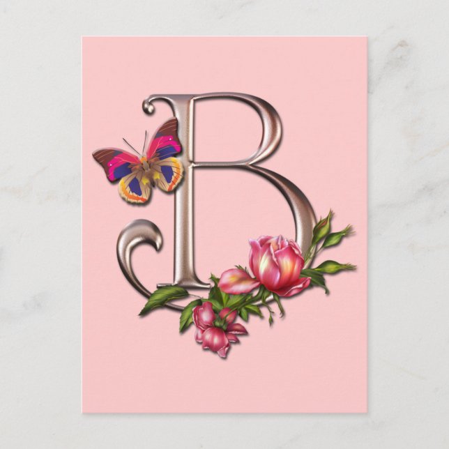 CARTE POSTALE LETTRE MONOGRAMME B AVEC ROSES ET BUTTERFER (Devant)