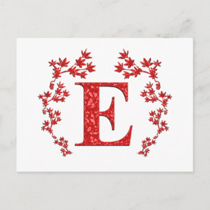 Carte Postale Lettre monogramme E Feuilles rouges