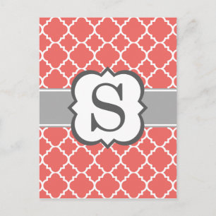 Carte Postale Lettre S Monogramme Blanche Corail Quatrefeuilles