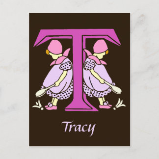 Carte Postale Lettre victorienne T avec 2 petites filles mignonn