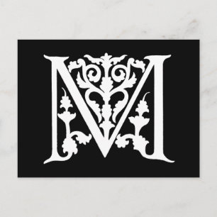 Carte Postale Lettre vintage M Monogramme Noir Blanc "M" Initial
