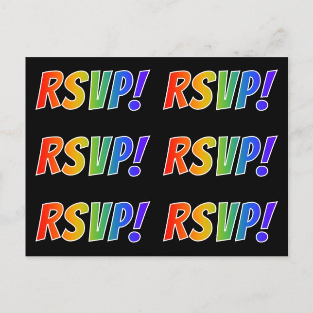 Carte Postale Lettres Arc-en-ciel multicolores "RSVP!" (Devant)