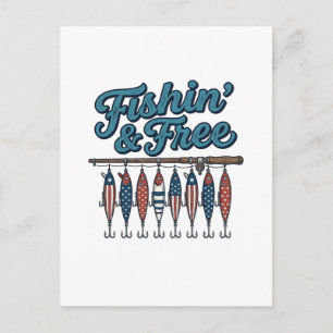 Carte Postale Leurre de pêche patriotique vintage Fishin' & Free