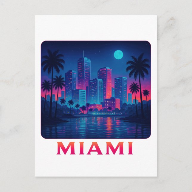 Carte Postale Lever de lune à Miami - Skyline néon (Devant)