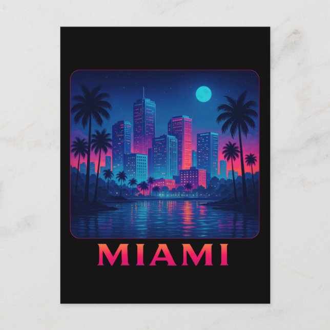 Carte Postale Lever de Lune à Miami - Skyline Néon (Devant)