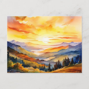 Carte Postale Lever de soleil aquarelle sur la chaîne de montagn