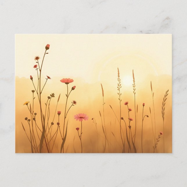 Carte Postale Lever de soleil doré atténué avec des fleurs sauva (Devant)