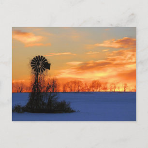 Carte Postale Lever de soleil du matin avec moulin à vent en car