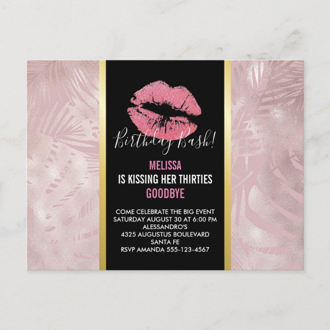 Carte Postale Lèvres roses et feuilles tropicales rose gold pour (Devant)